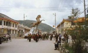 Wangyal, a Tibetan in his twenties, set fire to himself in 2012 at this location in Serthar county town, near the golden horse statue.