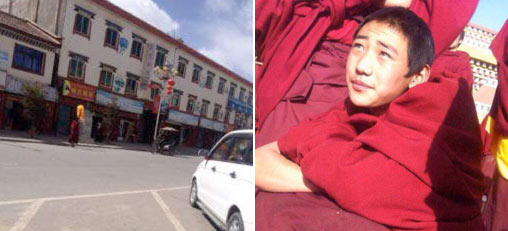Eighteen-year old Kirti monk Gendun Phuntsok carrying out a solo protest in Ngaba on March 8. The image shows him carrying a portrait of the Dalai Lama wrapped in a yellow blessing scarf. Gendun Phuntsok had been a monk at Kirti since an early age.