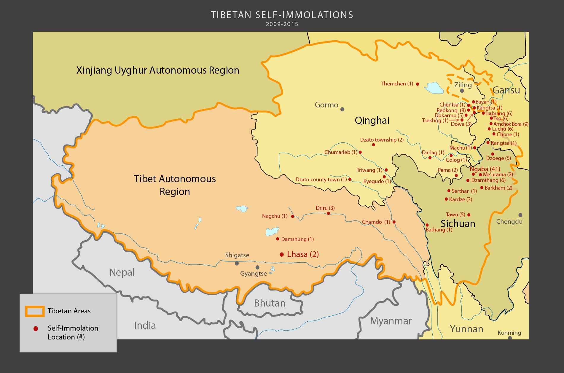Die Orte von Selbstverbrennungen in tibetischen Gebieten und angrenzenden chinesischen Provinzen (mit freundlicher Genehmigung der International Campaign for Tibet)