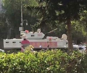 Among the convoy in Rebkong was this white military vehicle.