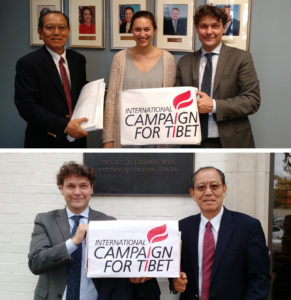 Bhuchung K Tsering and Matteo Mecacci deliver the petitions to the Democratic and Republican party offices.